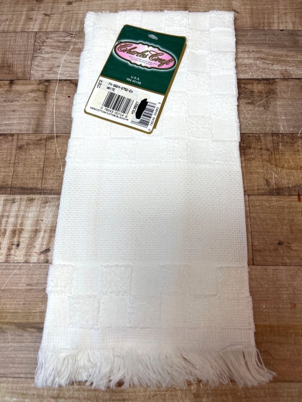 Charles Craft White Cross Stitch Towel With Checkerboard Pattern  Fringe Edging